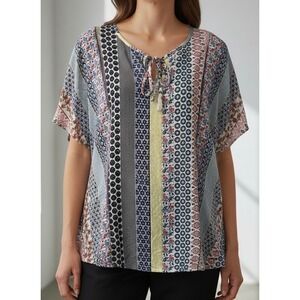 Chelsea & Theodore Womens Large Boho Patchwork Print Tie Front Tassel Blouse Top